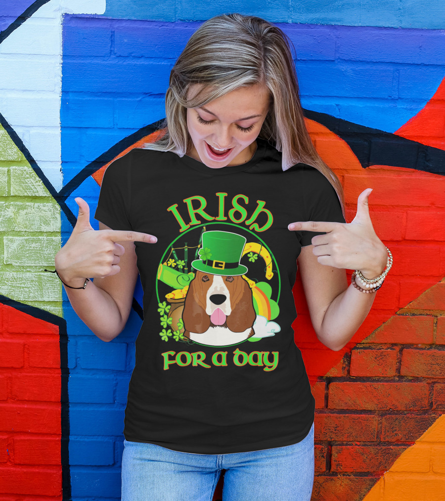 Irish For A Day Basset Hound Dog With Leprechaun Hat And Shamrocks T-Shirt