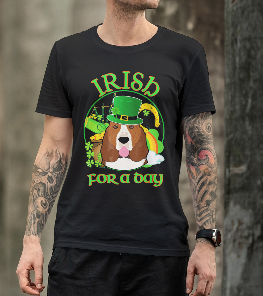 Irish For A Day Basset Hound Dog With Leprechaun Hat And Shamrocks T-Shirt