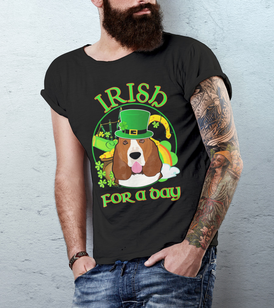 Irish For A Day Basset Hound Dog With Leprechaun Hat And Shamrocks T-Shirt