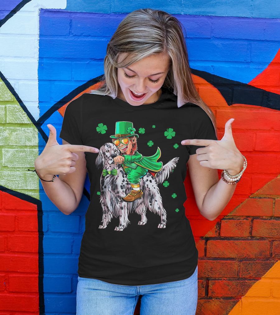 Leprechaun Riding English Setter With Shamrocks T-Shirt