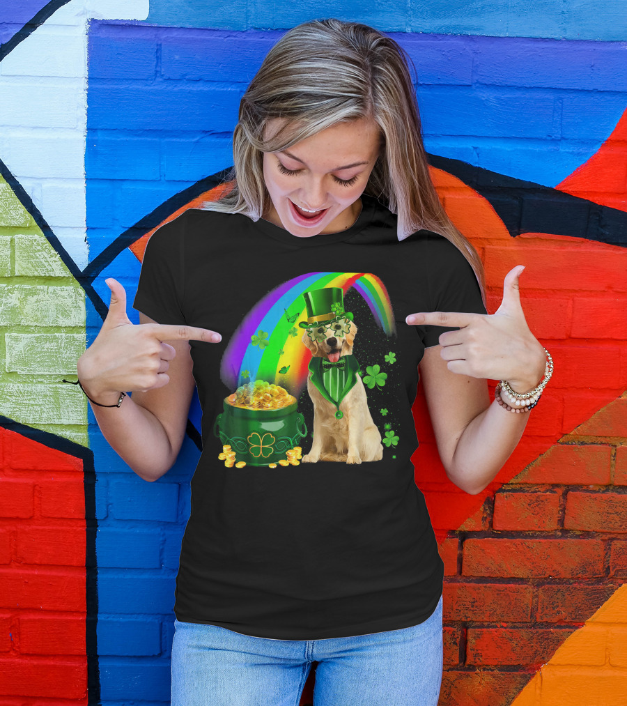 Golden Retrievers Dog Irish Leprechaun Rainbow Gold T-Shirt