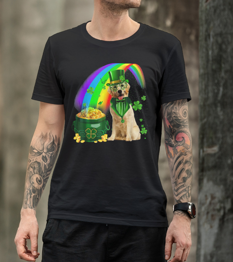 Golden Retrievers Dog Irish Leprechaun Rainbow Gold T-Shirt