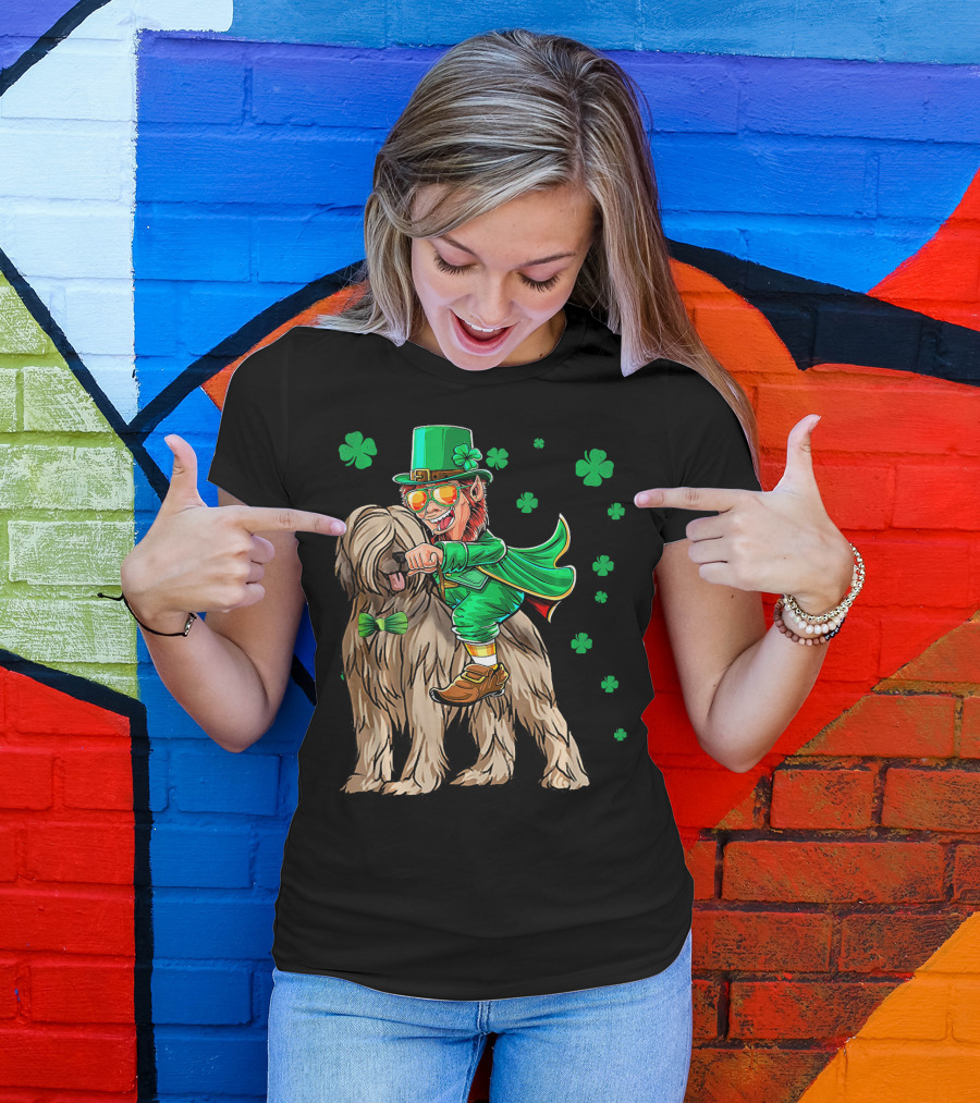 Leprechaun With Briard Surrounded By Shamrocks For St. Patrick's Day T-Shirt