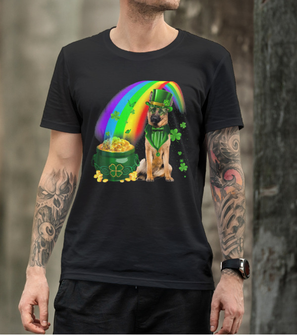 German Shepherd Irish Leprechaun Rainbow Pot Of Gold Shamrock T-Shirt