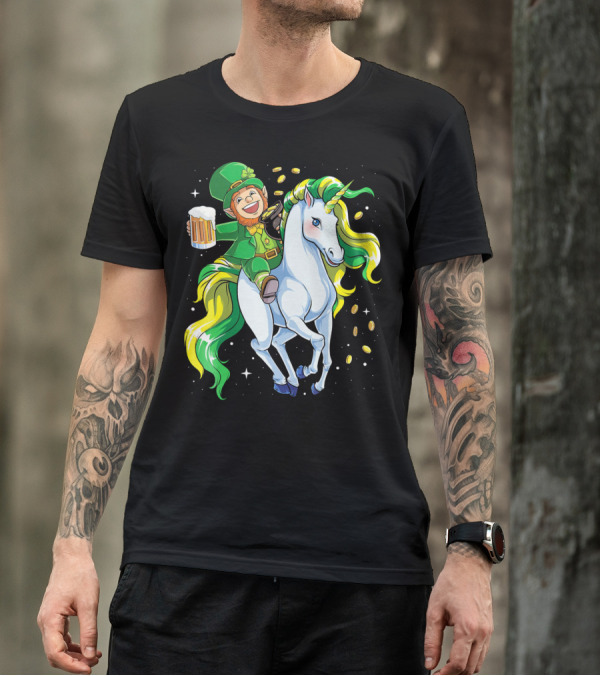 Leprechaun Riding Unicorn With Beer And Coins T-Shirt