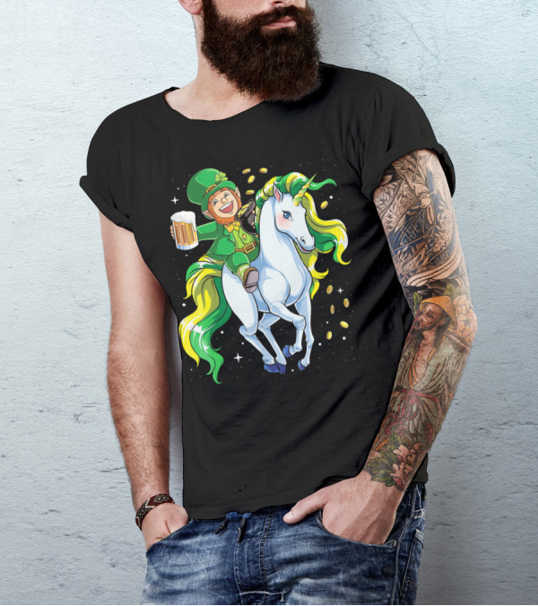 Leprechaun Riding Unicorn With Beer And Coins T-Shirt
