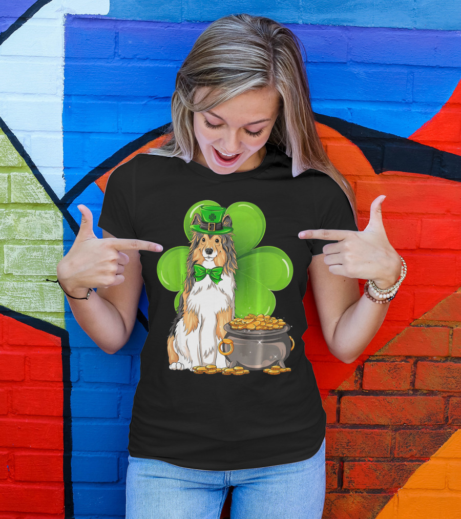 Shetland Sheepdog St Patricks Day Leprechaun Clover And Pot Of Gold T-Shirt