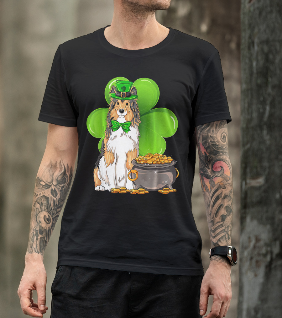 Shetland Sheepdog St Patricks Day Leprechaun Clover And Pot Of Gold T-Shirt