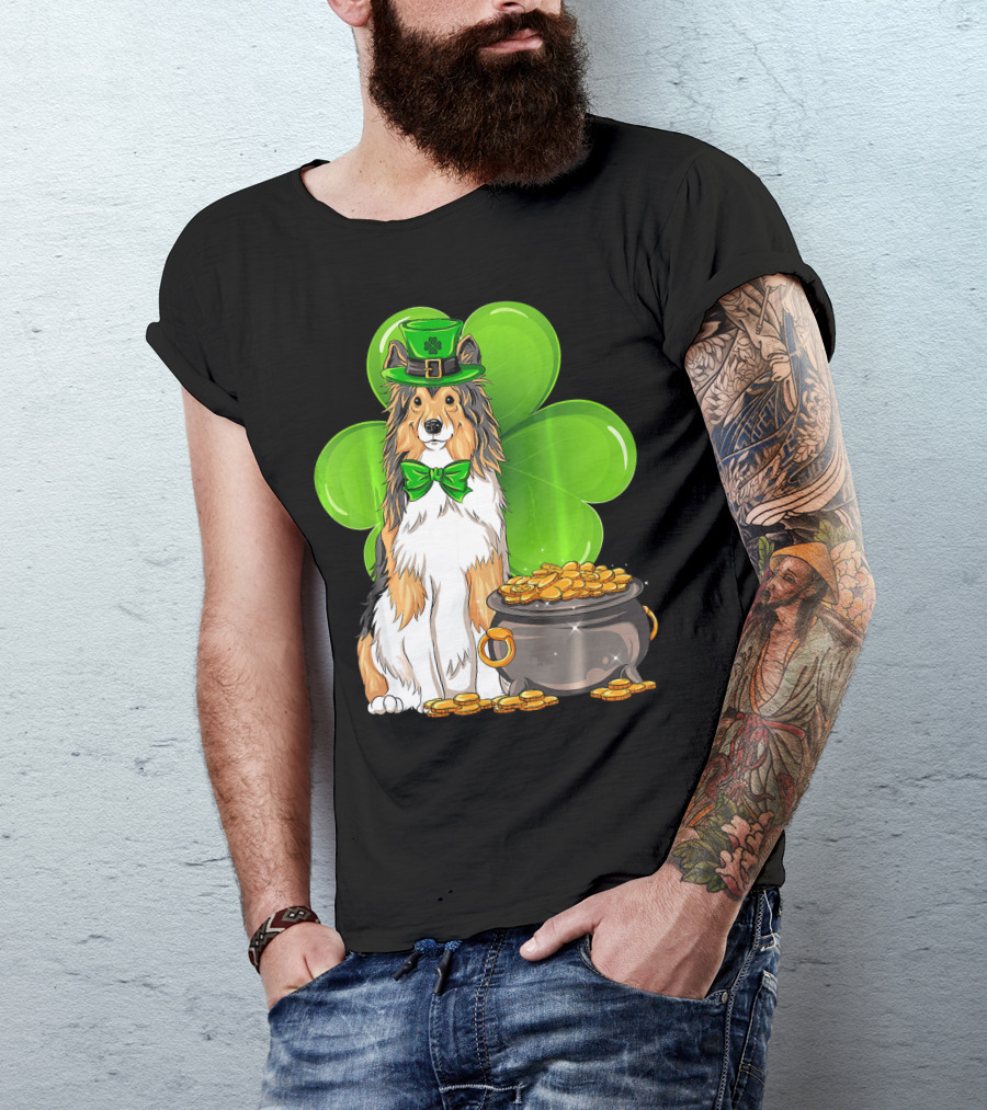 Shetland Sheepdog St Patricks Day Leprechaun Clover And Pot Of Gold T-Shirt