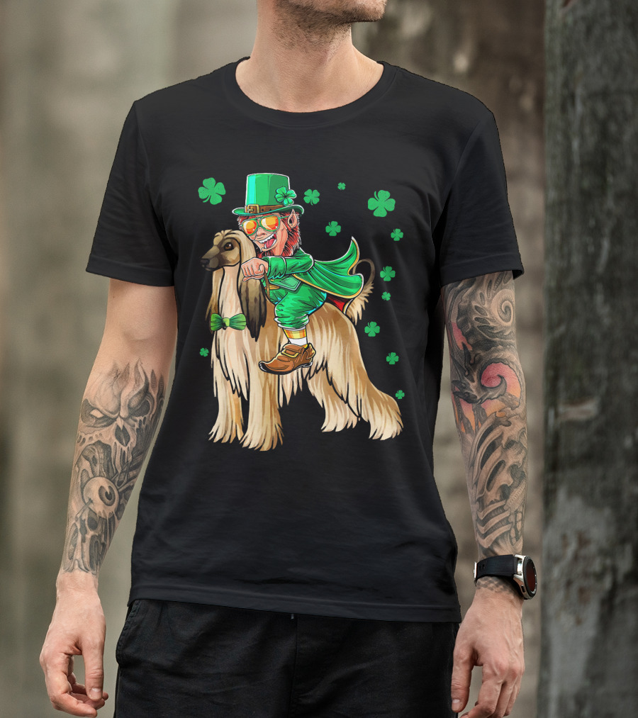 Leprechaun Riding Afghan Hound With Shamrocks St. Patrick's Day T-Shirt