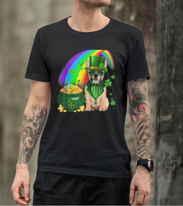 French Bulldog Irish Leprechaun With Pot Of Gold And Shamrocks T-Shirt