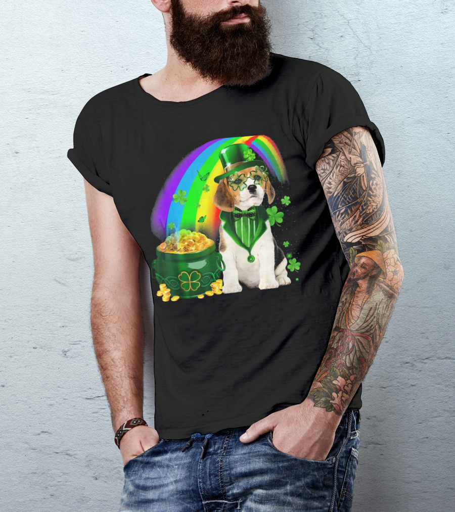 Beagle Dog Rainbow Leprechaun Hat Shamrock Coin Pot T-Shirt