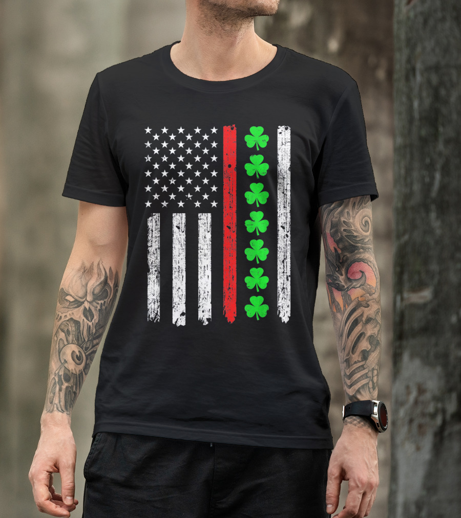 American Flag Thin Red Line Shamrock Irish St Patricks T-Shirt