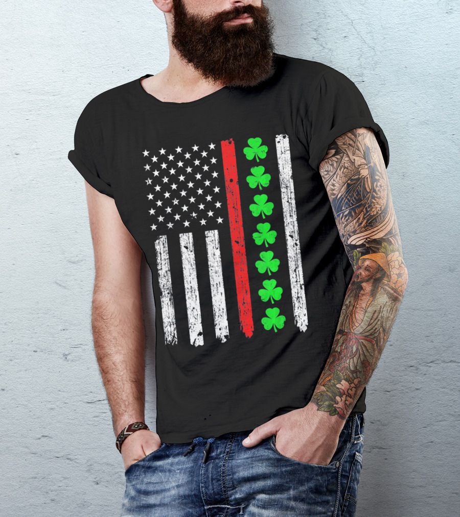 American Flag Thin Red Line Shamrock Irish St Patricks T-Shirt