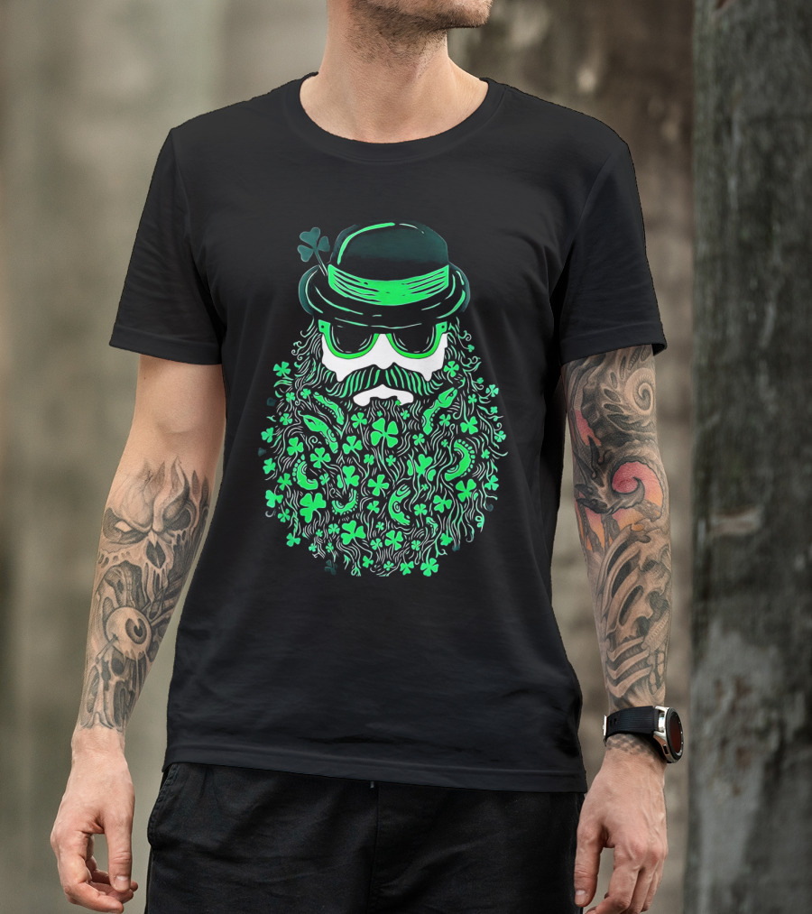 Shamrock Moustache Leprechaun St Patrick's Beard Hat Sunglasses T-Shirt