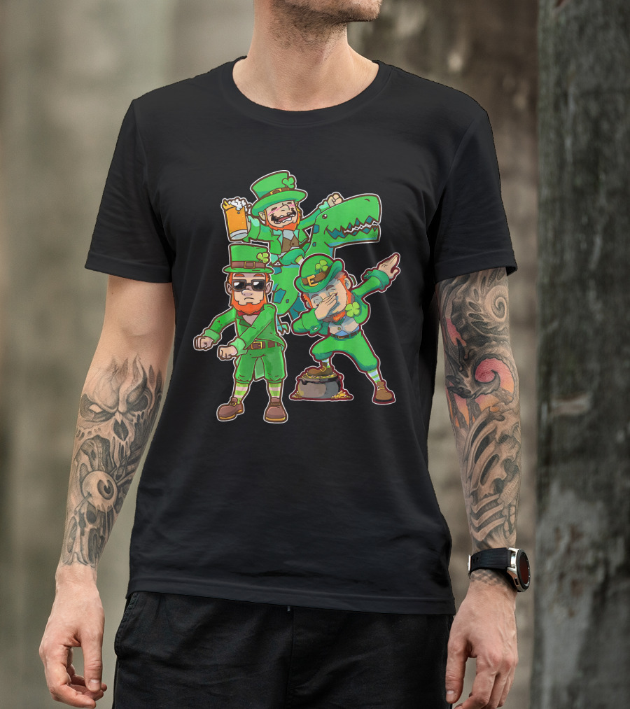 Dabbing Leprechaun Flossing Dinosaur Beer Pot Of Gold T-Shirt