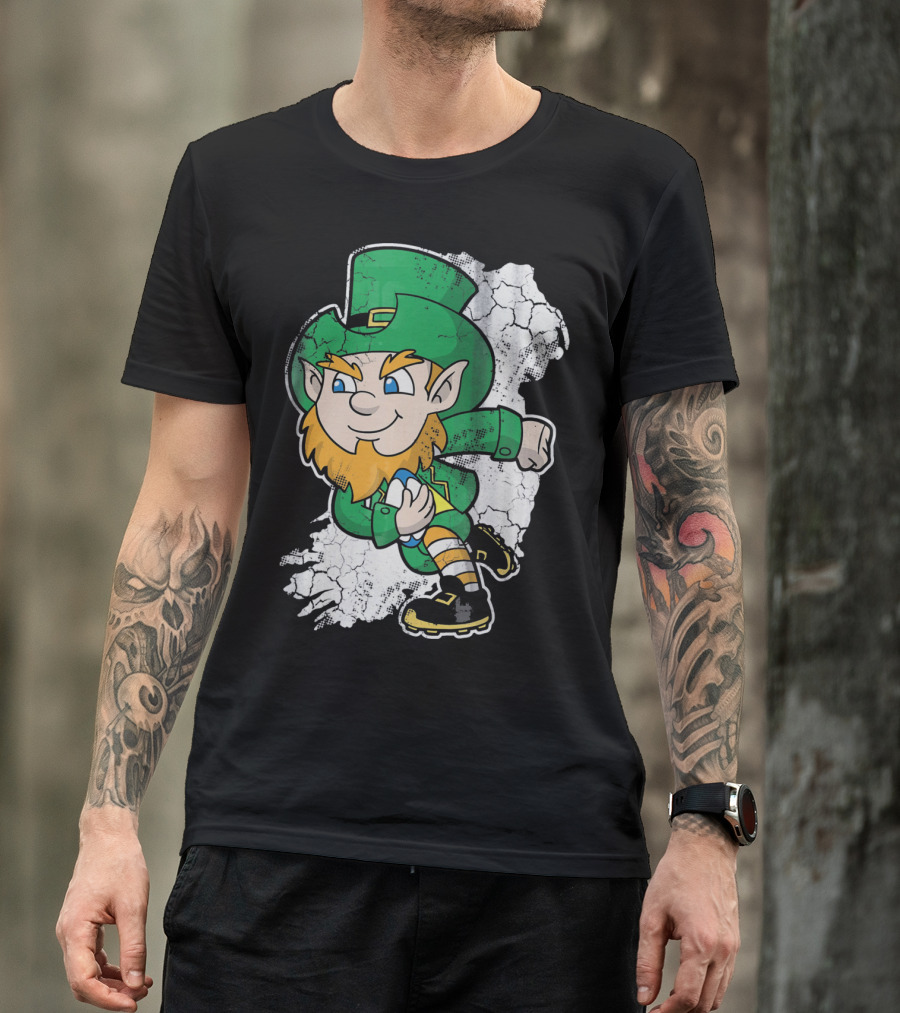 Irish Rugby Leprechaun With Rugby Ball On Cracked Background T-Shirt
