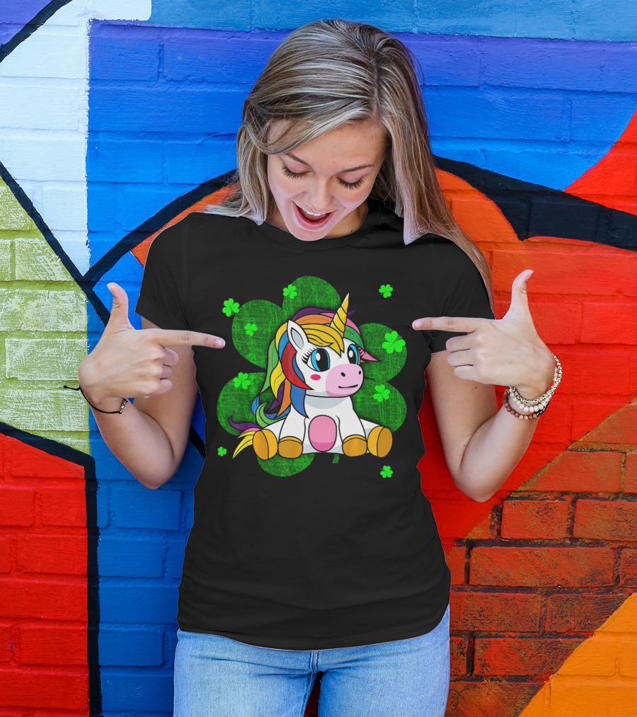 Cute Kids Unicorn Girls St Patrick Clover Rainbow T-Shirt