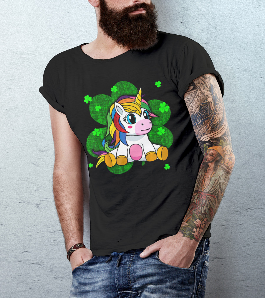 Cute Kids Unicorn Girls St Patrick Clover Rainbow T-Shirt