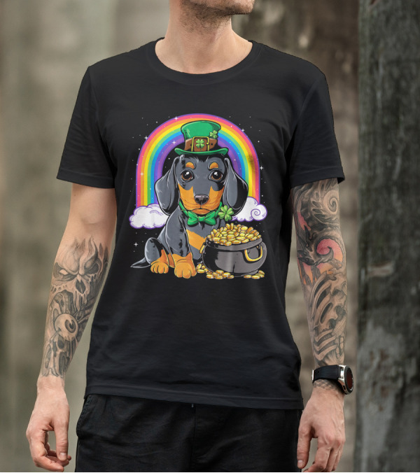 Dachshund Leprechaun Hat Rainbow Pot Of Gold T-Shirt