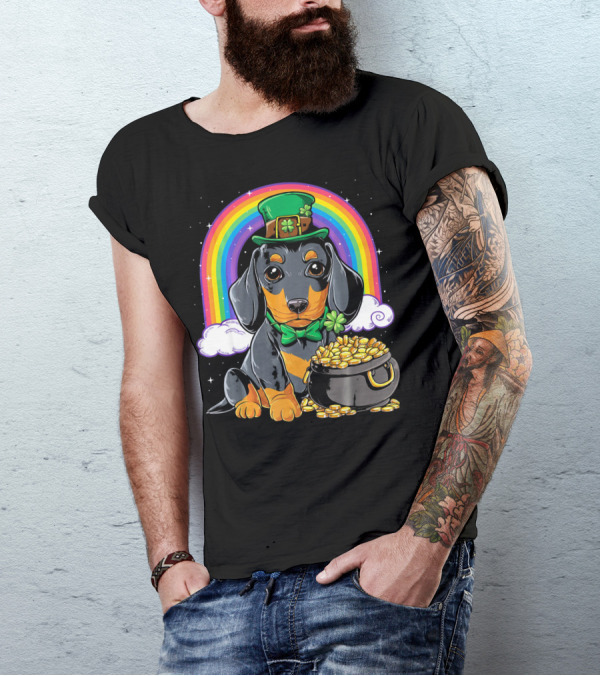 Dachshund Leprechaun Hat Rainbow Pot Of Gold T-Shirt