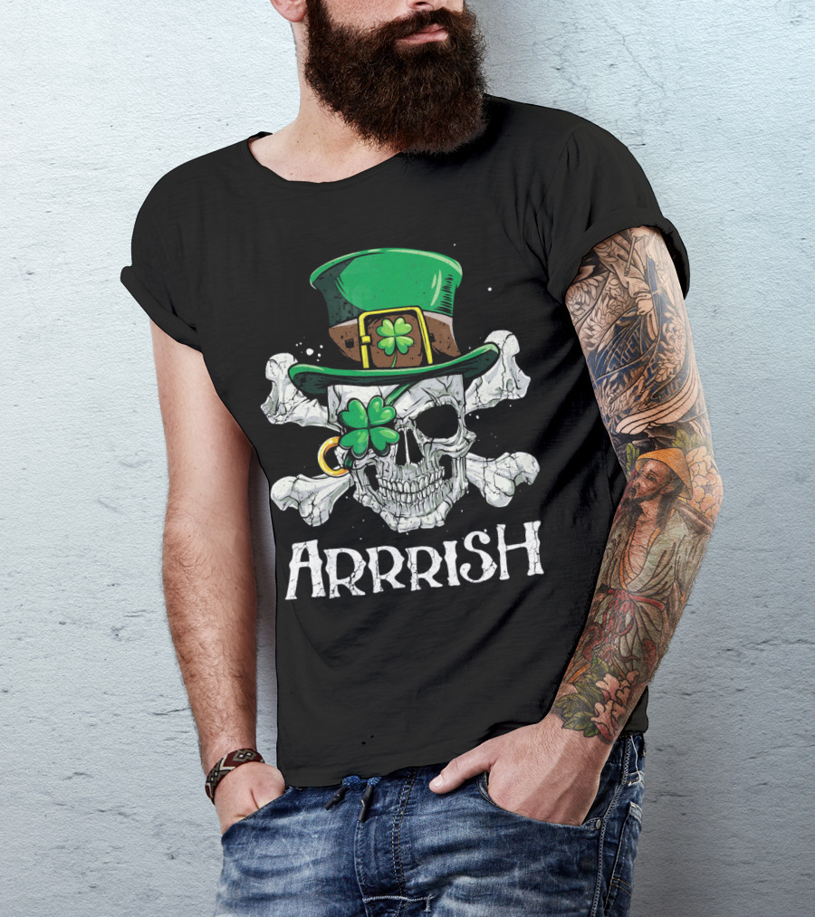 Arrrish Leprechaun Pirate Skull With Green Hat And Clover Eyepatch T-Shirt