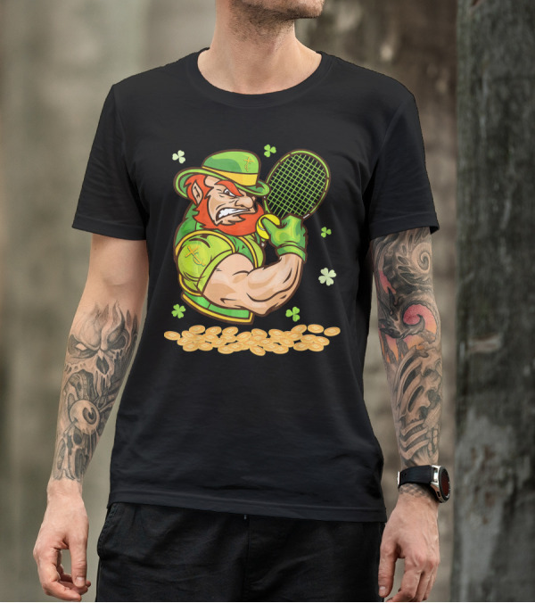 Leprechaun Playing Tennis With Shamrocks And Gold Coins T-Shirt