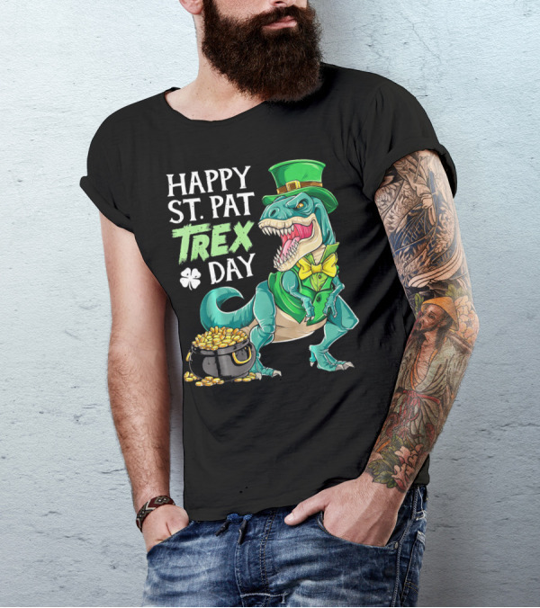 Happy St Pat Trex Day Leprechaun Dinosaur With Pot Of Gold And Clover T-Shirt
