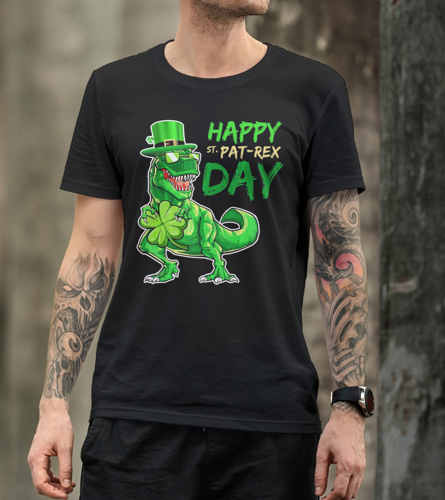 Happy St Pat Rex Day Saint Patricks Day Dinosaur With Shamrock And Green Hat T-Shirt