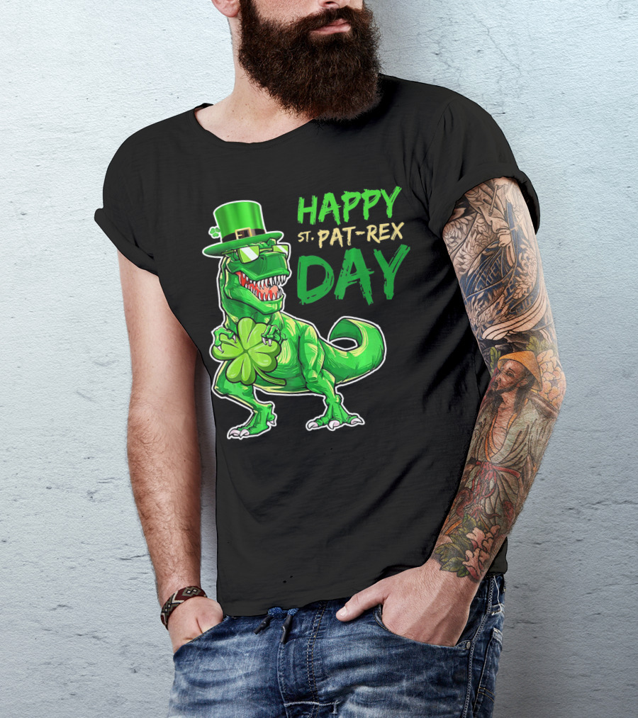 Happy St Pat Rex Day Saint Patricks Day Dinosaur With Shamrock And Green Hat T-Shirt