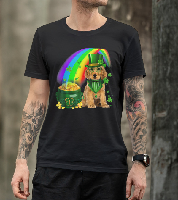 Cocker Spaniel Dog Wearing Irish Leprechaun Hat With Gold Coins And Rainbow T-Shirt