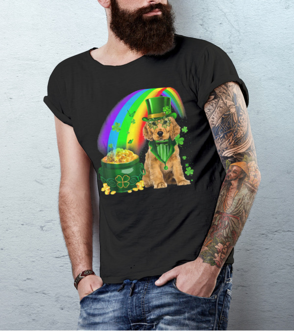 Cocker Spaniel Dog Wearing Irish Leprechaun Hat With Gold Coins And Rainbow T-Shirt