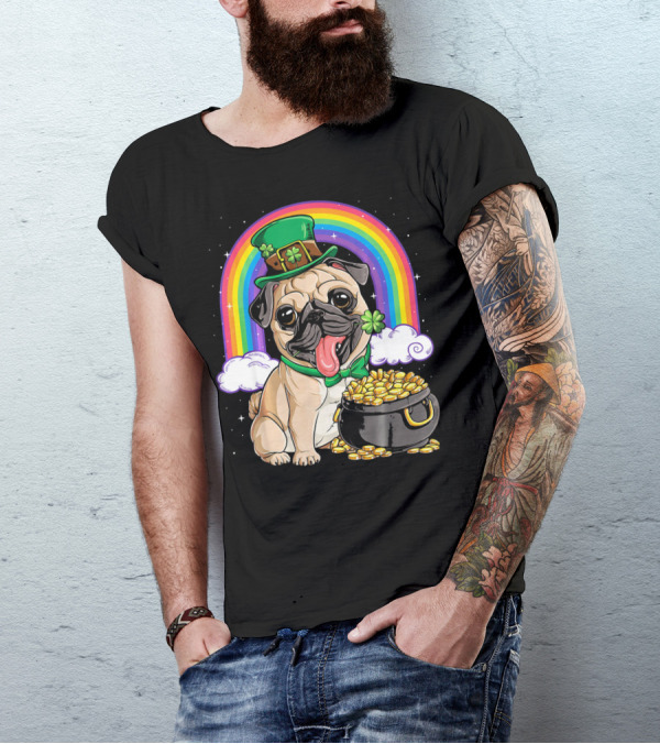 Pug St Patricks Day Boys Men Lep Leprechaun Hat Rainbow Pot Of Gold T-Shirt
