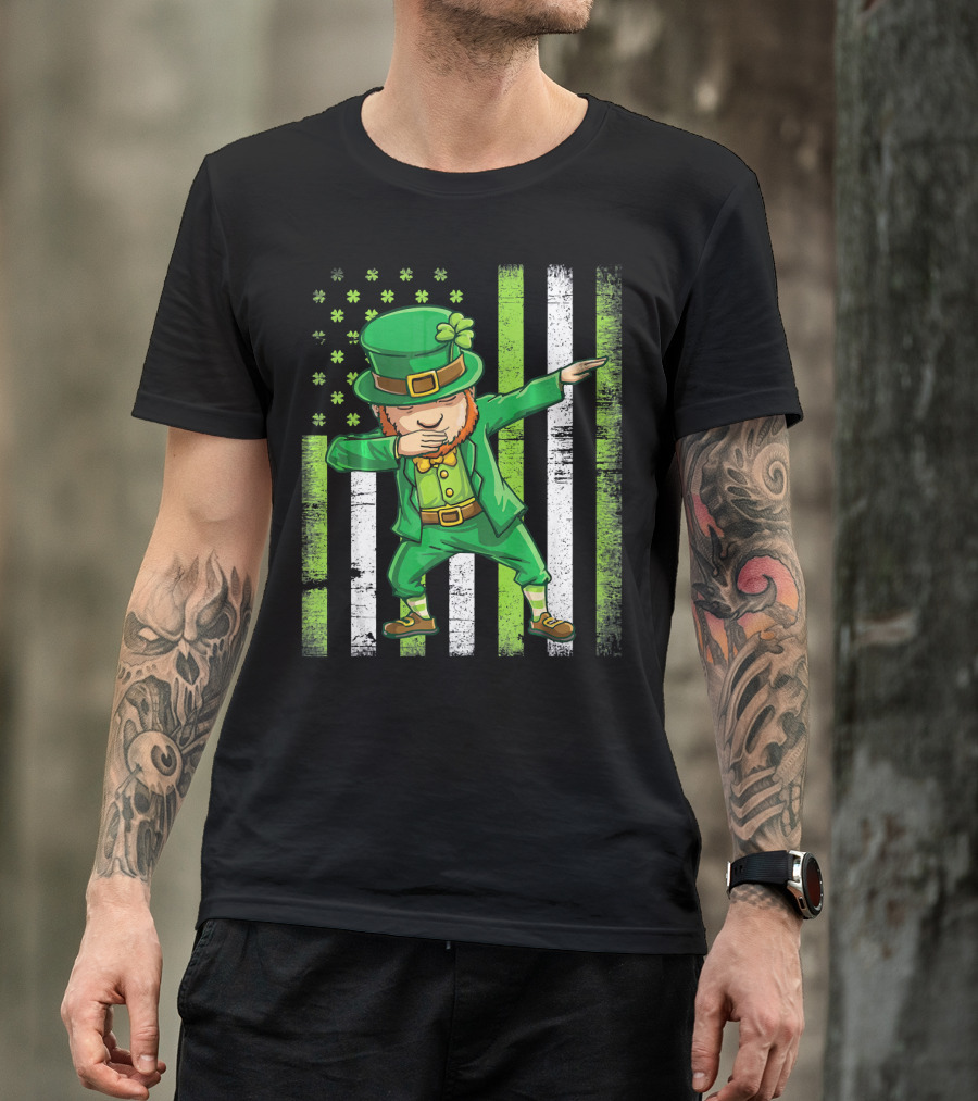 Leprechaun Dabbing With Shamrock Irish Flag Stripes T-Shirt