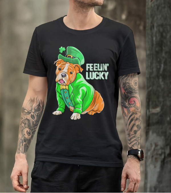 Feelin' Lucky Bulldog In Green Leprechaun T-Shirt