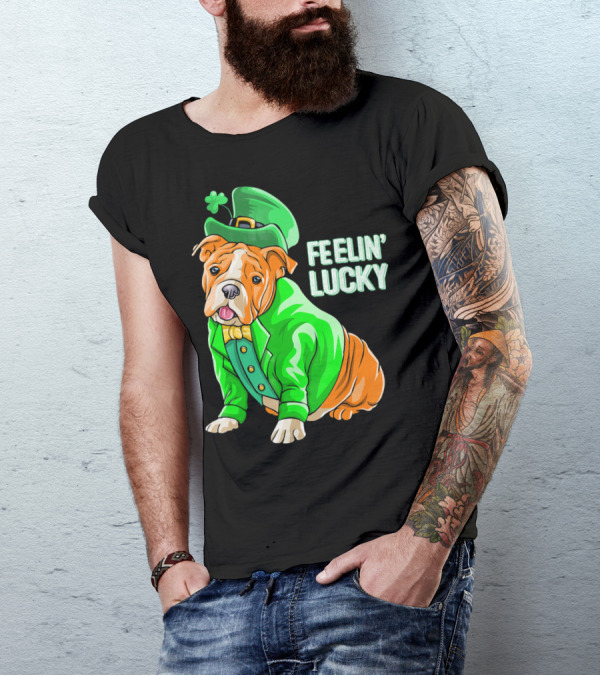 Feelin' Lucky Bulldog In Green Leprechaun T-Shirt