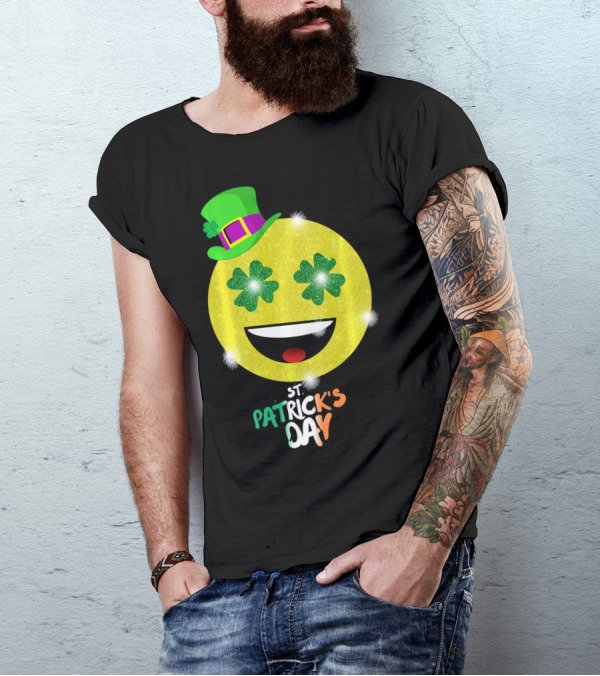 St. Patrick's Day Emoji With Green Hat And Shamrock Eyes T-Shirt