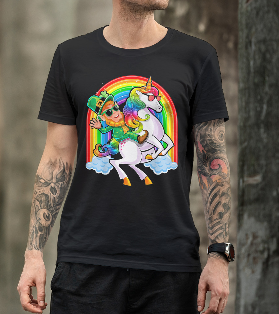 St Patricks Day Rainbow Unicorn And Leprechaun Riding Clouds T-Shirt