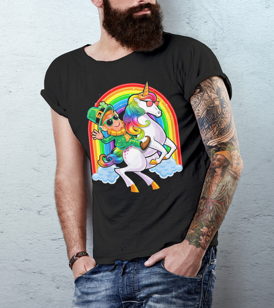 St Patricks Day Rainbow Unicorn And Leprechaun Riding Clouds T-Shirt