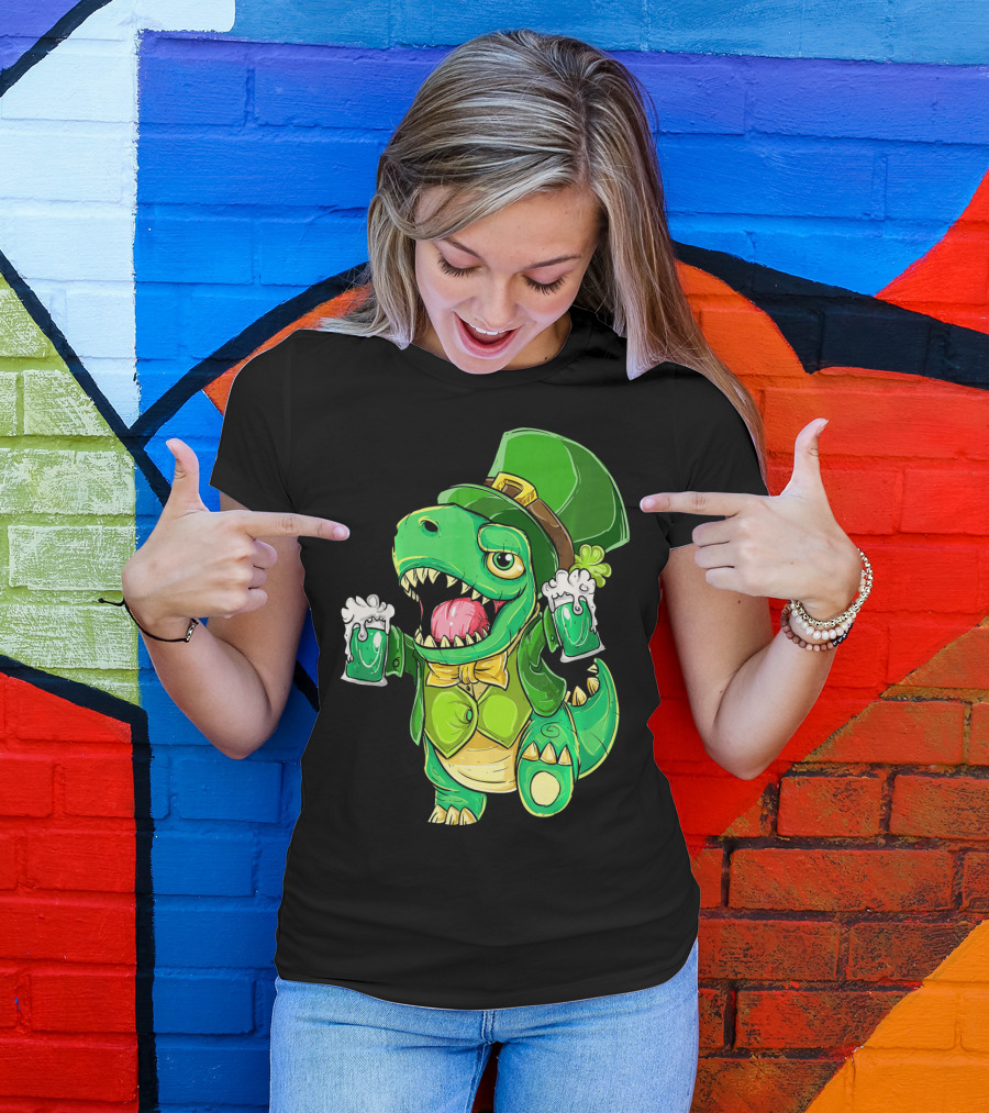 St Patricks Day Irish Dinosaur Holding Two Beers In Green Outfit And Hat T-Shirt