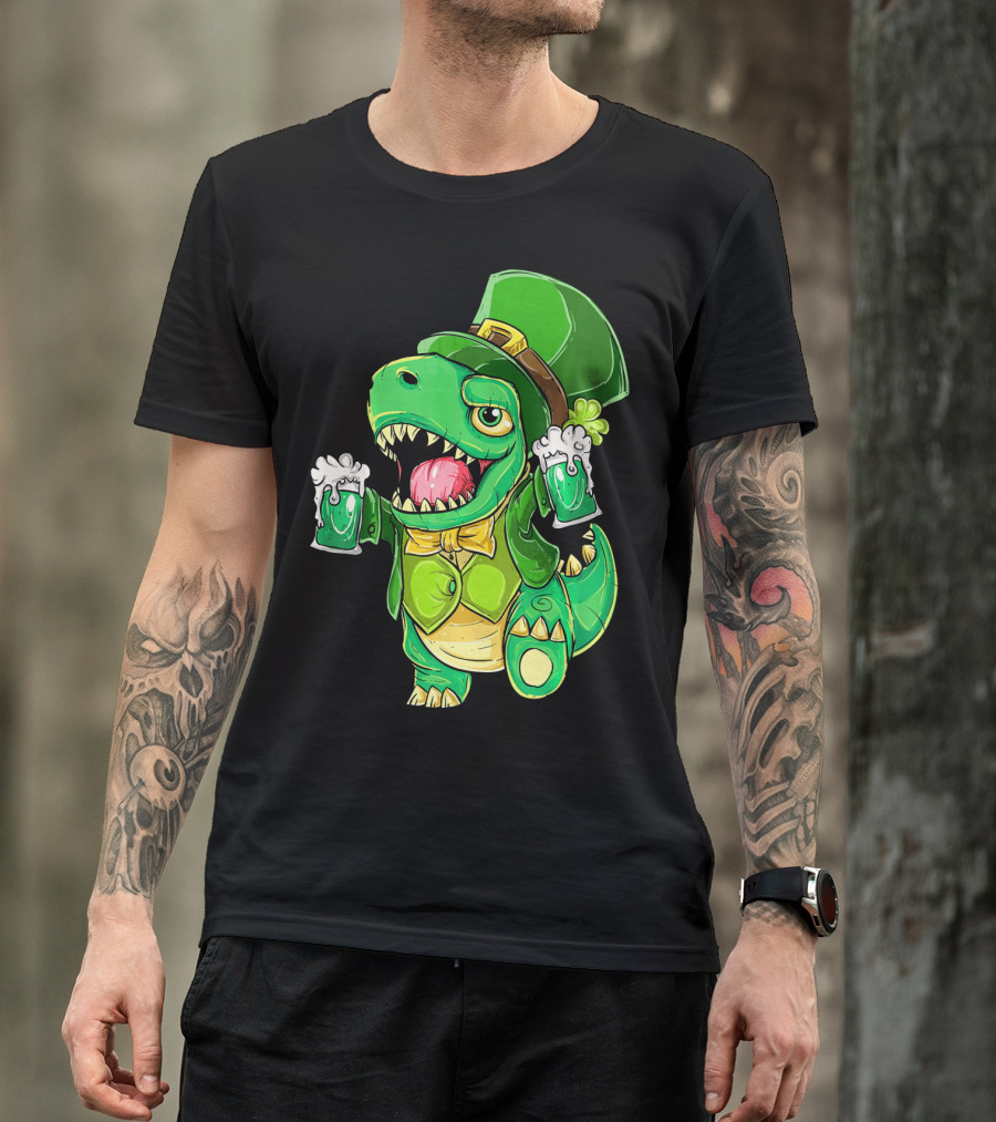 St Patricks Day Irish Dinosaur Holding Two Beers In Green Outfit And Hat T-Shirt