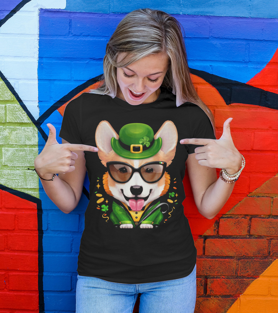 Welsh Corgi In Leprechaun Outfit With Sunglasses And Shamrocks T-Shirt
