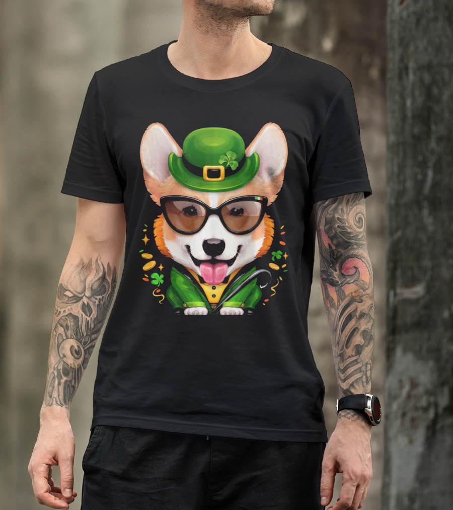 Welsh Corgi In Leprechaun Outfit With Sunglasses And Shamrocks T-Shirt