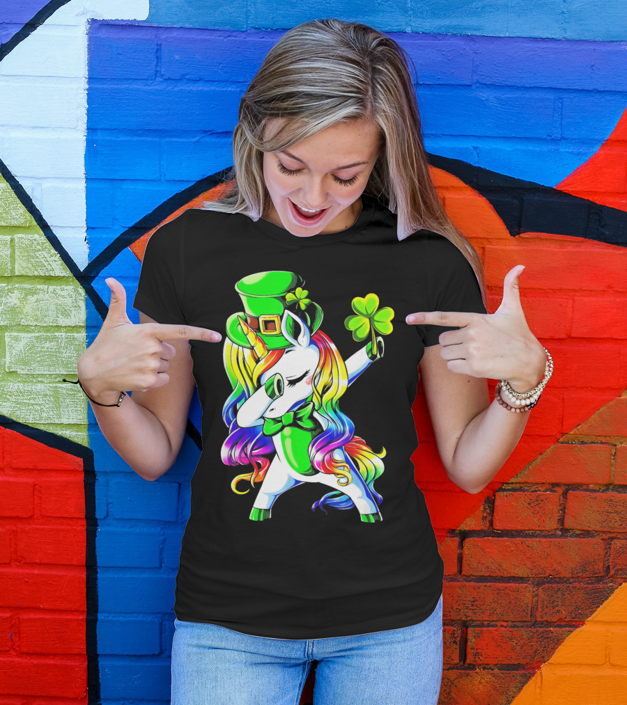Dabbing Unicorn With Rainbow Mane And Shamrock Hat T-Shirt