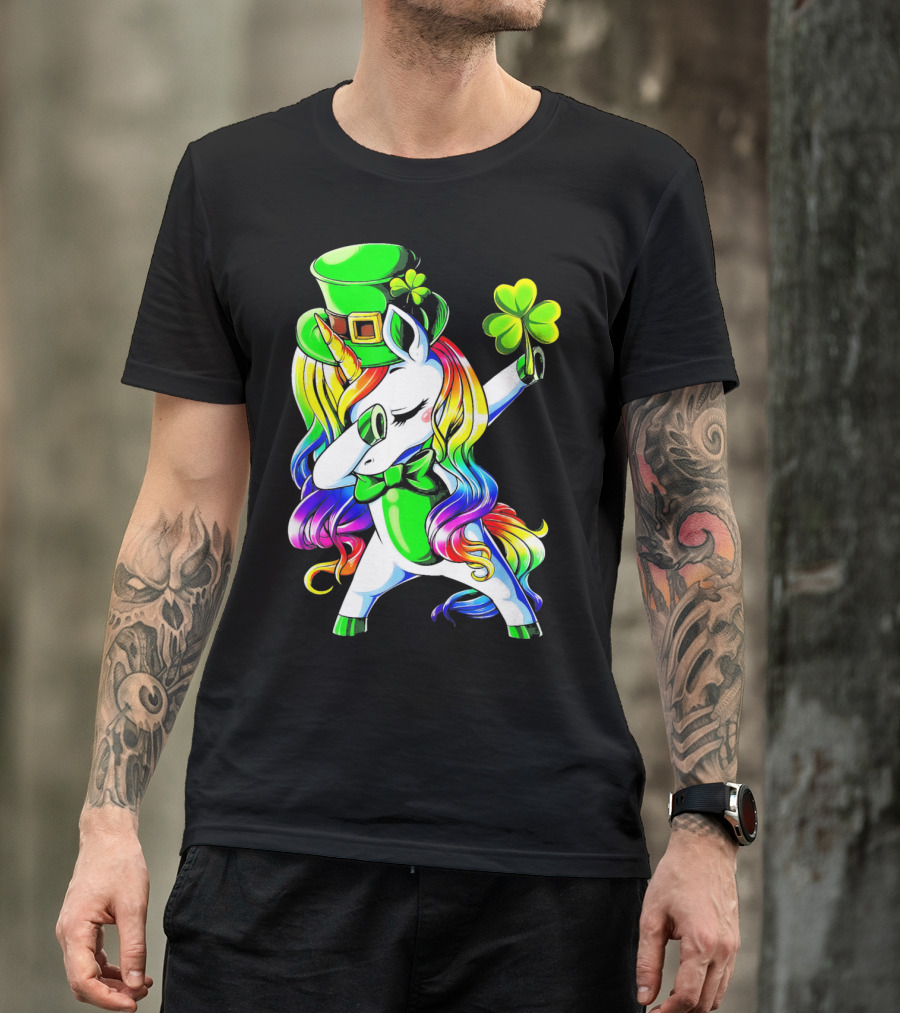 Dabbing Unicorn With Rainbow Mane And Shamrock Hat T-Shirt
