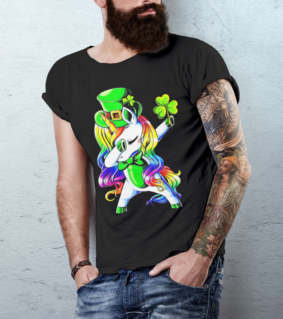 Dabbing Unicorn With Rainbow Mane And Shamrock Hat T-Shirt