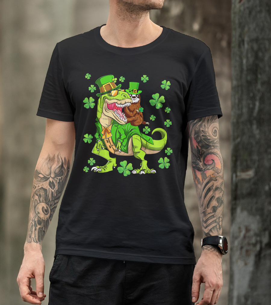 Leprechaun Sloth With Shamrocks Riding Dinosaur Rex In Green Attire T-Shirt