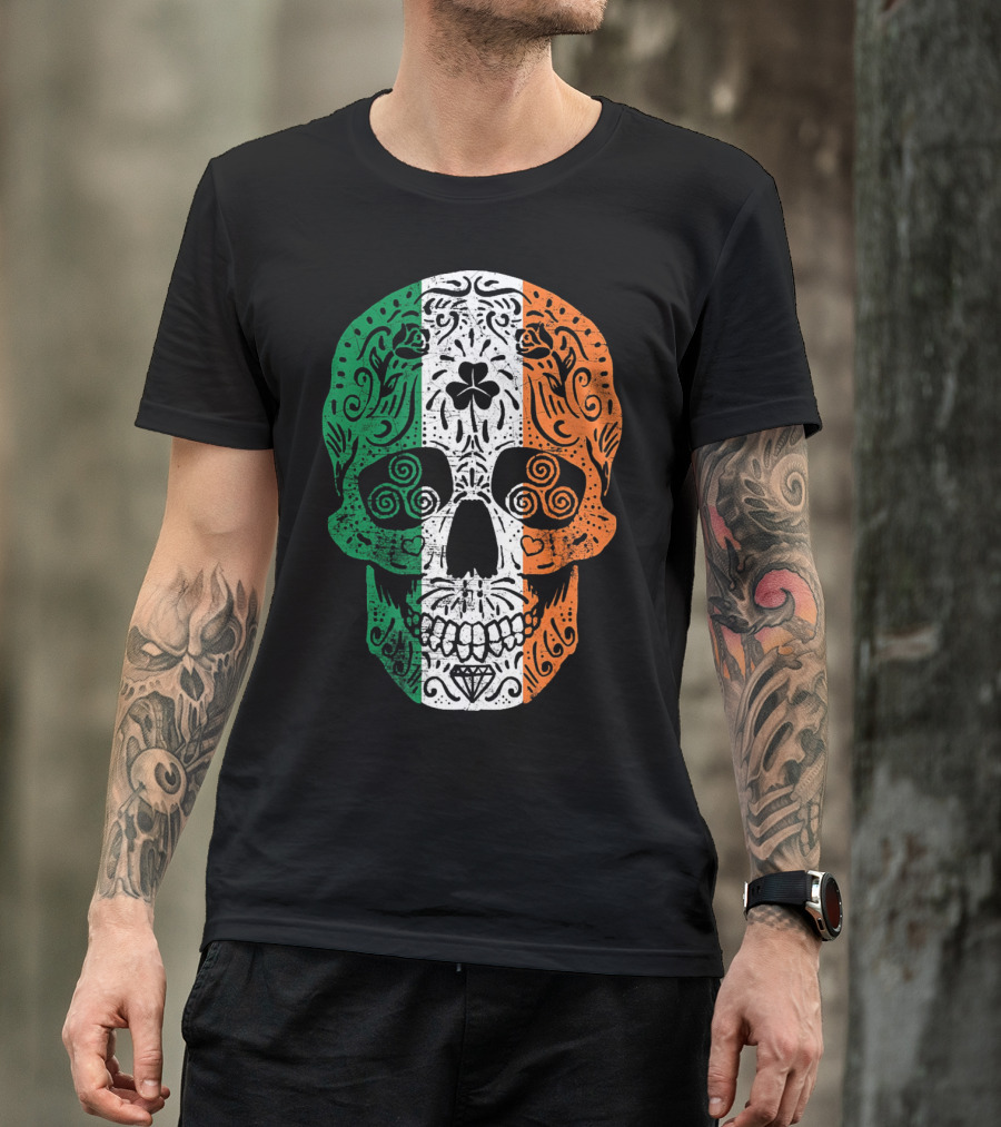 Irish Flag Sugar Skull Shamrock St Patricks T-Shirt