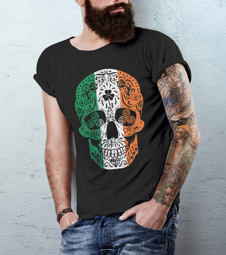 Irish Flag Sugar Skull Shamrock St Patricks T-Shirt