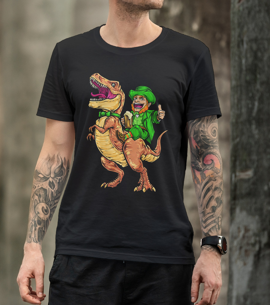 St. Patricks Day Lucky Leprechaun Riding Dinosaur With Beer T-Shirt